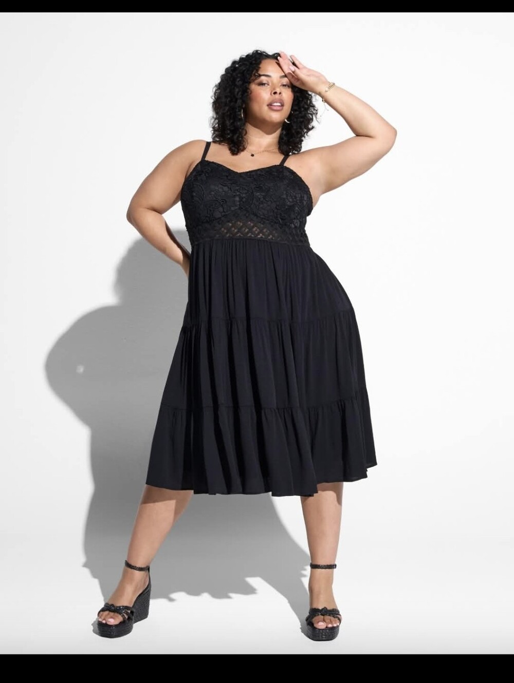 NWT Torrid Plus Size Black Floral Crochet Top Smocked Back Tiered Midi Dress 2X